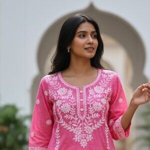 Hand Embroidered Floral Printed Cotton Lucknowi Chikankari Co-ord-set